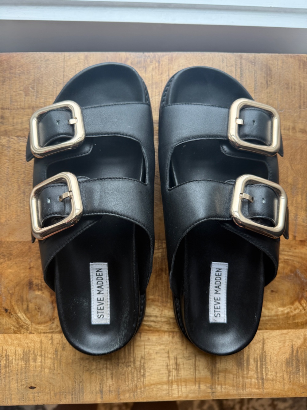 Steve Madden Black Slides with Gold Square Buckles